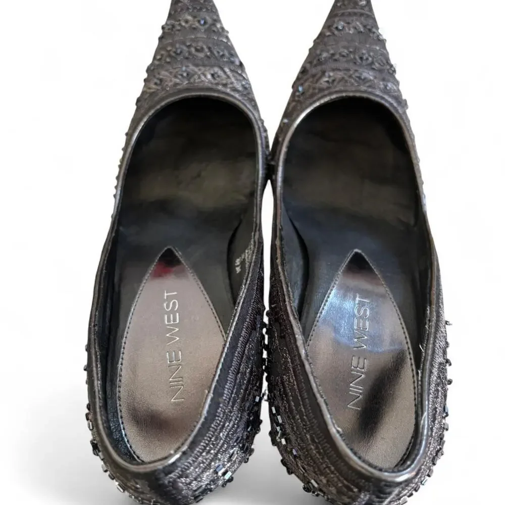 Y2K VTG. NINE‎ WEST BLACK BEADED EMBELLISHED  POINTED TOE PUMPS SIZE 8 1/2